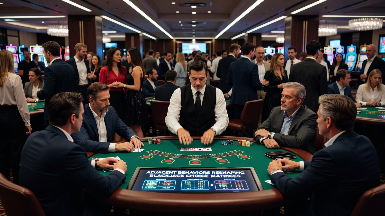 Detailansicht von Spielern an einem Blackjack-Tisch mit Fokus auf benachbarte Positionen und Entscheidungsabläufe