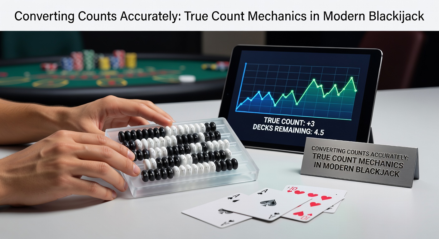 Grafische Darstellung eines Blackjack-Tisches mit hervorgehobenen Karten und Count-Berechnung, die den Übergang vom Running Count zum True Count illustriert