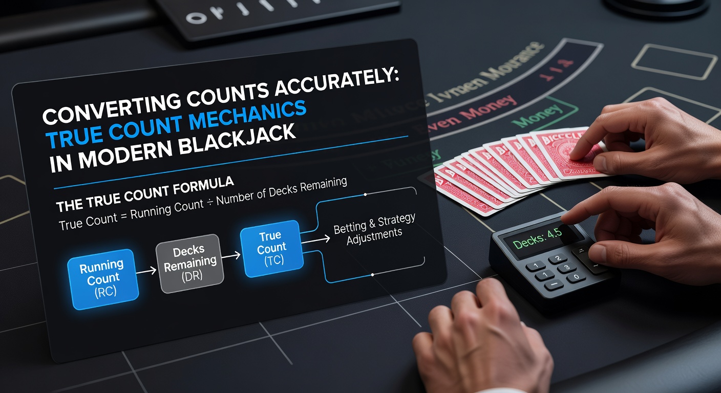 Detaillierte Infografik zur True-Count-Berechnung mit Beispielen für verschiedene Deck-Anzahlen und Running Counts, inklusive visueller Deck-Schätz-Tools