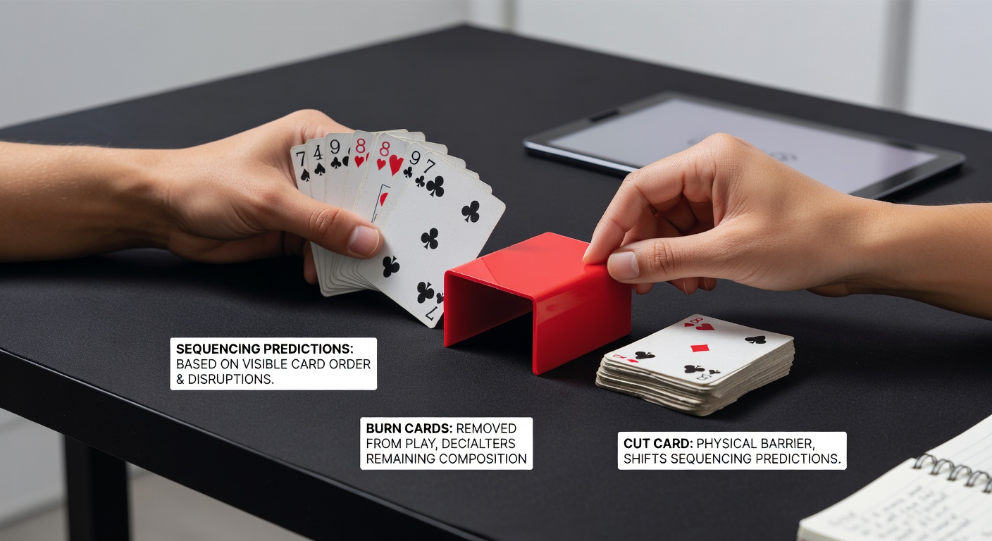 Nahaufnahme einer Cut Card im Blackjack-Schuh mit sichtbaren Deck-Kanten