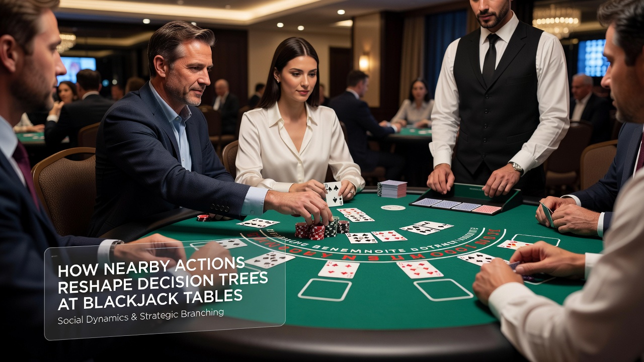 Nahaufnahme eines Blackjack-Tisches mit mehreren Spielern und sichtbaren Entscheidungsprozessen