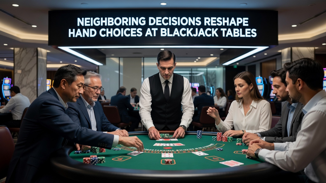 Nahaufnahme von Blackjack-Spielern, die auf Nachbaraktionen reagieren