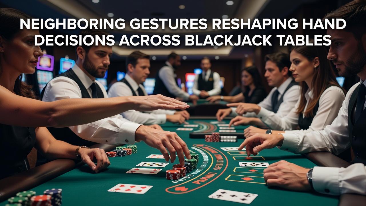 Spieler am Blackjack-Tisch beobachten Gesten der Nachbarn während einer Partie