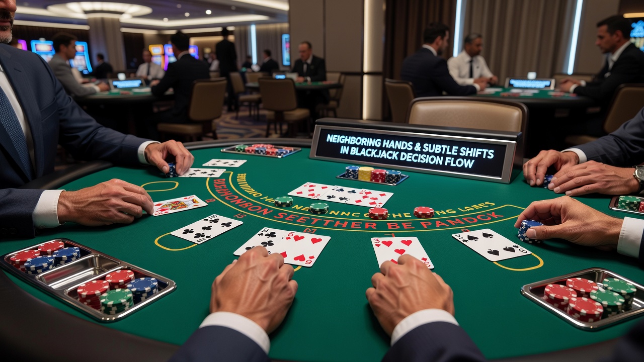 Close-up of blackjack decision moments with multiple hands visible