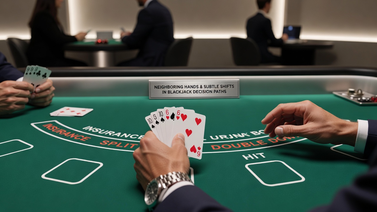 Nahaufnahme von Blackjack-Karten und Händen mehrerer Spieler am Tisch