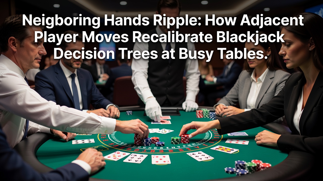 Blackjack-Tisch mit mehreren Spielern und sichtbaren Karten, die benachbarte Entscheidungen verdeutlichen