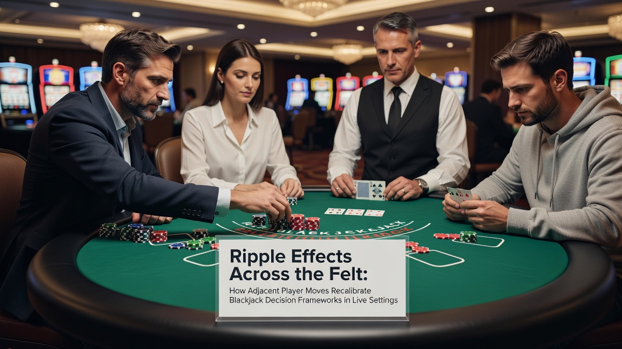 Blackjack-Tisch mit mehreren Spielern, die ihre Karten und Chips betrachten, während sich Entscheidungen durch benachbarte Aktionen verändern