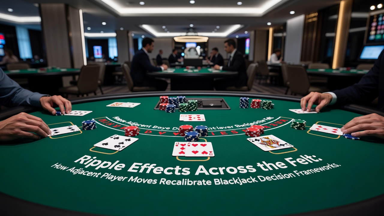 Nahaufnahme eines Blackjack-Tisches, auf dem Chips und Karten liegen, während ein Spieler eine Entscheidung trifft und Nachbarn reagieren