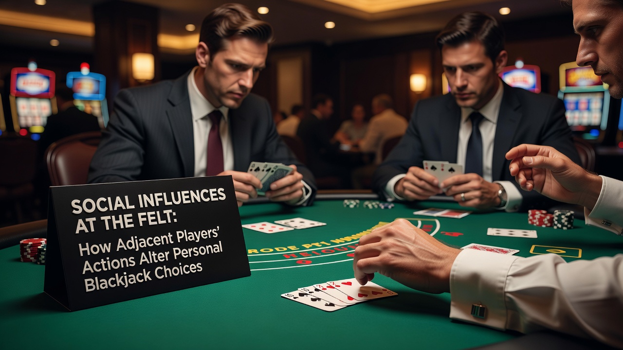 Spieler am Blackjack-Tisch beobachten die Aktionen der Nachbarn während einer Runde in einem Casino