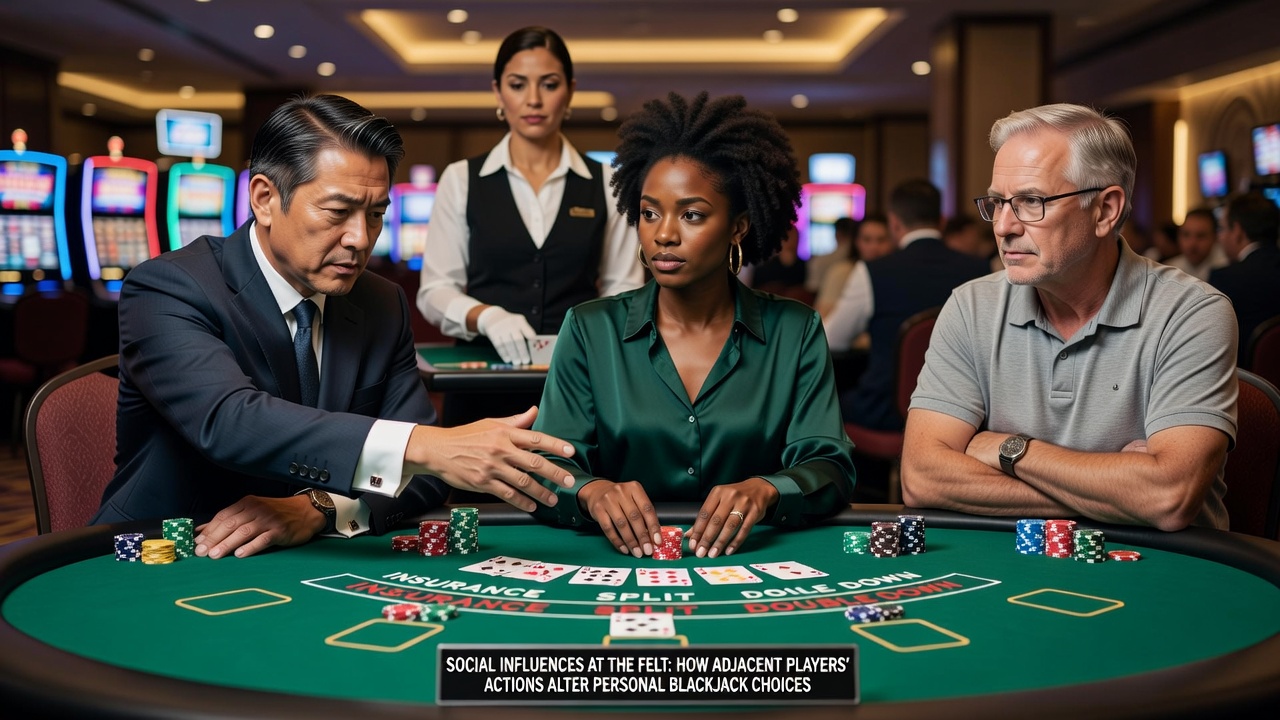 Detailaufnahme von Blackjack-Spielern, die ihre Chips und Karten am Tisch arrangieren, mit Fokus auf soziale Interaktionen