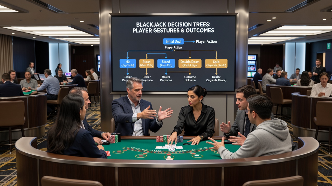 Detailaufnahme von Handgesten und Karten am Blackjack-Tisch mit mehreren Spielern