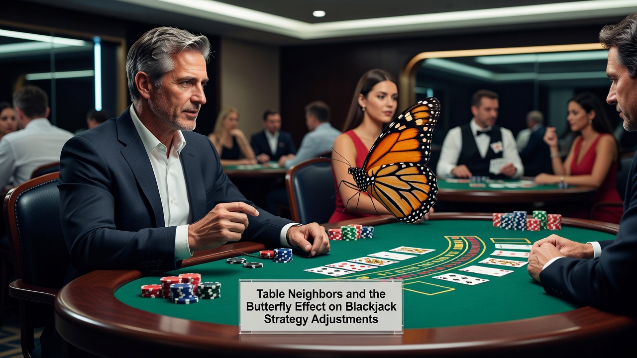 Blackjack-Tisch mit Spielern und Händler in einem Casino, Fokus auf Nachbarinteraktionen