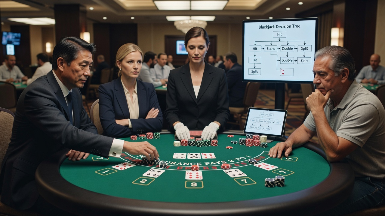 Blackjack-Tischszene mit Spielern und Fokus auf Interaktionen zwischen benachbarten Plätzen