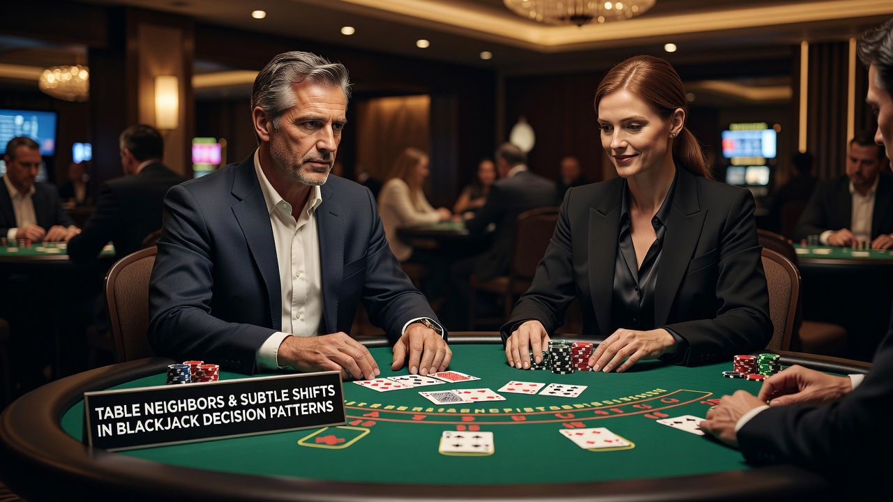 Detailaufnahme eines Blackjack-Tisches mit mehreren Spielern und ihren Karten