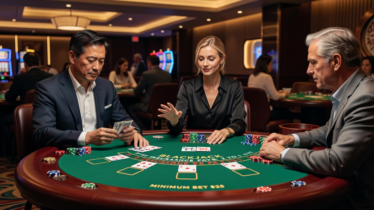 Blackjack-Spieler am Tisch beobachten Nachbarn und passen ihre Entscheidungen an