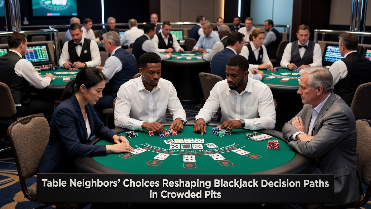Blackjack-Tisch mit mehreren Spielern in einem belebten Casino, wo Nachbarn sichtbare Einflüsse auf Entscheidungen ausüben