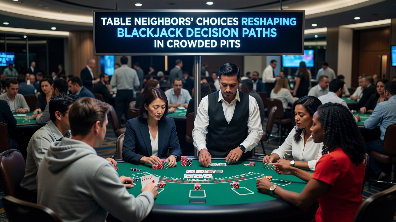 Nahaufnahme eines Blackjack-Tisches mit Fokus auf mehrere Hände und sichtbare Reaktionen von Nachbarn während einer Runde