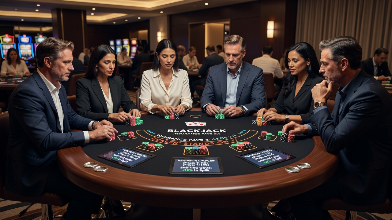 Nahaufnahme von Blackjack-Spielern am Tisch mit Fokus auf Gesten und Karten