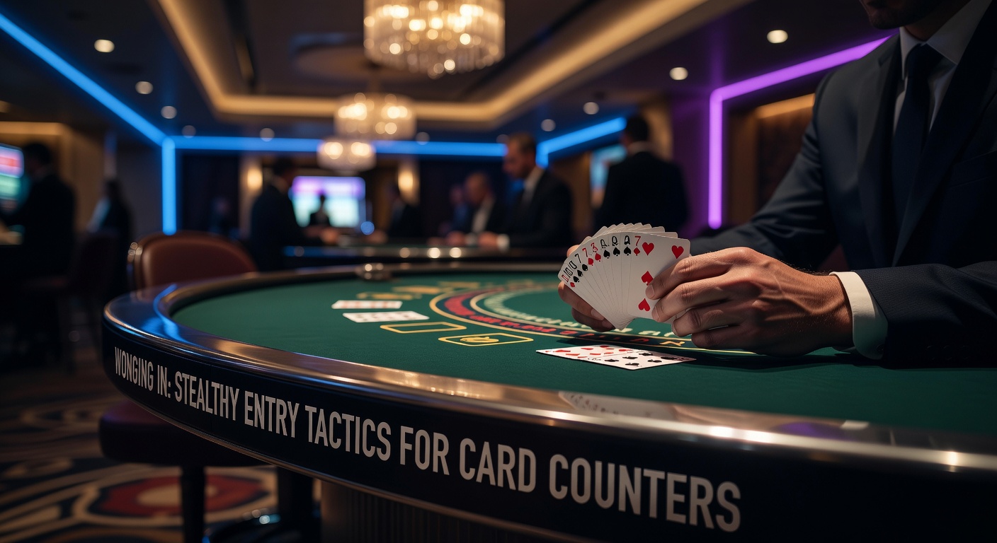 Gruppe von Kartenzählern diskutiert Strategien in einem Casino-Café, mit Notizen zu Counts und Entry-Punkten